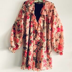 House of Harlow Dress, size M Red, Pink & Black Floral A-line Long Sleeves NWT